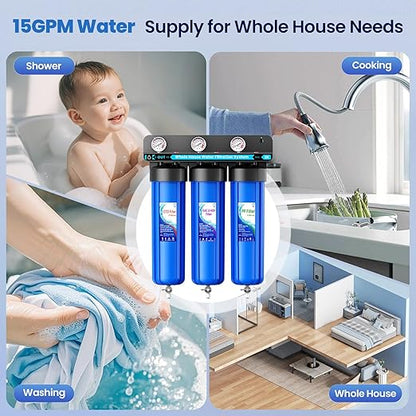 Whole House Water Filter System, 3 Stage Whole House Water Filtration System, with 20" GAC&KDF Filter, Reduces Heavy Metals, Chromium, Chloramine, Lead, Mercury, Copper, Nickel, Sediment, Odor