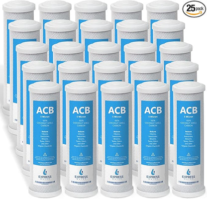 Express Water – 25 Pack Activated Carbon Block ACB Water Filter Replacement – 5 Micron, 10 inch Filter – Under Sink and Reverse Osmosis System