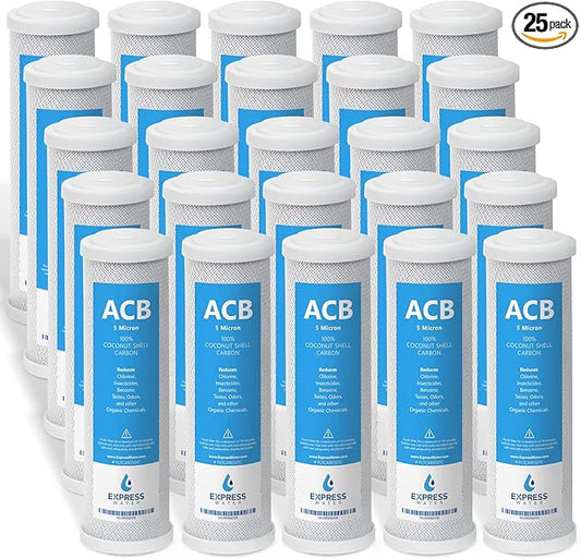 Express Water – 25 Pack Activated Carbon Block ACB Water Filter Replacement – 5 Micron, 10 inch Filter – Under Sink and Reverse Osmosis System
