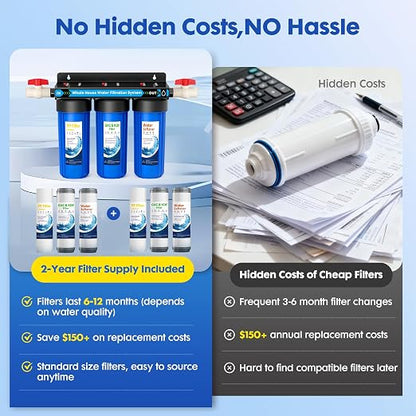 Whole House Water Filter System,3 Stage Whole Home Water Softener System, Reduces Chlorine Sediment Odor for Healthier Skin,Extra 2 Sets Filter Included, 1-2 Year Service Life,2 Valves & 3/4" Ports