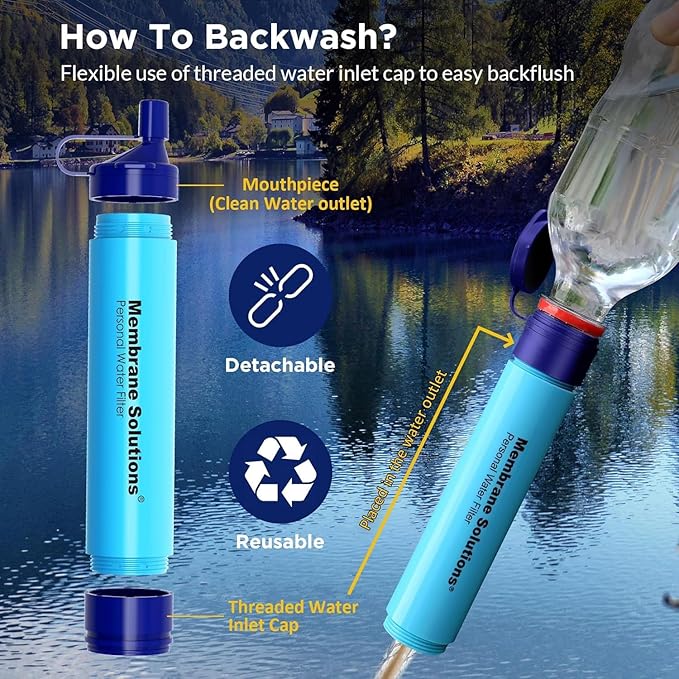 Membrane Solutions Squeezable Water Filtration System, Survival Water Purifier Kit, Portable Backpacking Gear Including Water Filter Straw and 23oz Collapsible Bottle for Hiking Camping Travel(2+2)