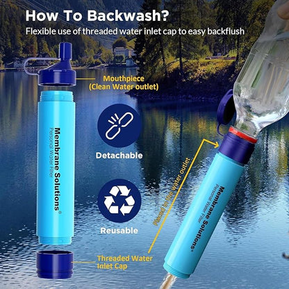 Membrane Solutions Squeezable Water Filtration System, Survival Water Purifier Kit, Portable Backpacking Gear Including Water Filter Straw and 23oz Collapsible Bottle for Hiking Camping Travel(2+2)