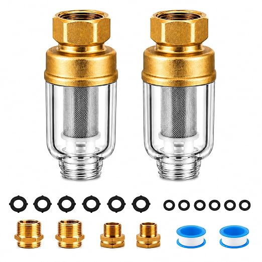 2 Pack Sediment Water Filter for Washing Machine, 50 Micron Reusable Inline Water Pre-Filter with Brass Adapters, Stainless Steel Screen Mini Filter for Water Heater, Shower, Faucet, RV & Garden Hose