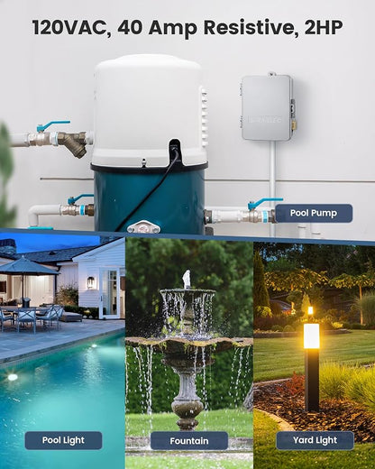 SURAIELEC WiFi Pool Timer, 40 AMP 120V 2HP, Heavy Duty Outdoor Indoor Smart Timer for Pool Pump, Spa, Pool Light, Water Pump, 120 Volt Pool Equipment Controller for Up to 2HP Devices