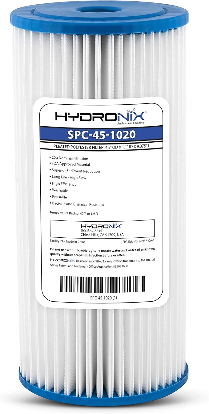 Hydronix SPC-45-1020 Universal Whole House Sediment Pleated Water Filter, Washable and Reusable, 4.5" x 10" - 20 Micron