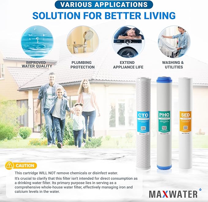 20" Slim Blue Whole House Whole House Anti Scale Filter Set - 20" x 2.5" Polypropylene Sediment, Phosphate Anti-Scale, CTO Carbon Block Water Filter pack, Total of 3 Filters
