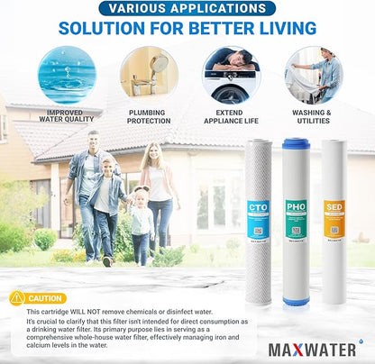 20" Slim Blue Whole House Whole House Anti Scale Filter Set - 20" x 2.5" Polypropylene Sediment, Phosphate Anti-Scale, CTO Carbon Block Water Filter pack, Total of 3 Filters