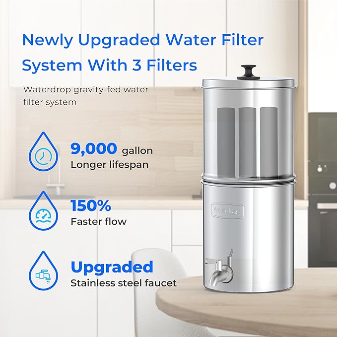 Waterdrop TK-AE Gravity Water Filter System, with 3 Black Carbon Filters and Metal Spigot, 9000 Gallon Longer Lifespan and 150% Faster Flow for Home, Travel, Emergencies, 2.25G