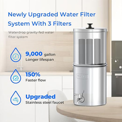 Waterdrop TK-AE Gravity Water Filter System, with 3 Black Carbon Filters | 9000 Gallon Longer Lifespan and 150% Faster Flow for Home, Travel, Emergencies, 2.25G