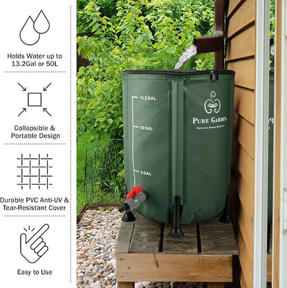Rain Barrel - 13.2-Gallon/50-Liter Collapsible Water Container for Catching Rainwater - Portable Water Tank with Outflow Valve by Pure Garden (Green)