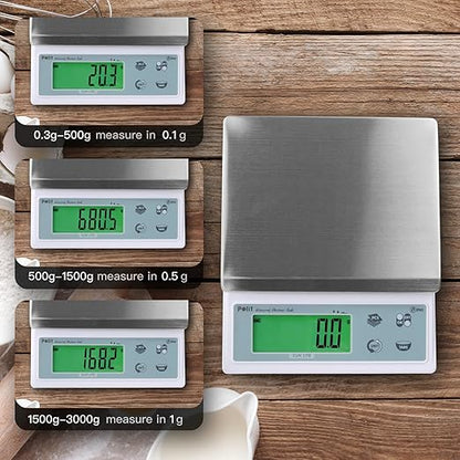 Polit Sun Lite IP65 Waterproof Baking Scale — 6.6lb/3kg Auto-Precision 0.1g/0.5g/1g Digital Kitchen Scale with Green LCD, Dual Power & Detachable Stainless Tray for Pastry, Seasoning & Daily Cooking