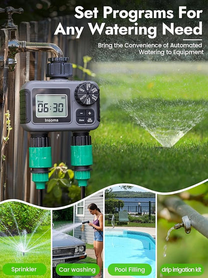 Insoma 2 Zone Water Timer, Programmable Irrigation Sprinkler Timer for Garden Hose, Outdoor Hose Faucet Timers with Rain Delay/Manual/Auto Modes, IPX5 Waterproof for Drip System & Lawn