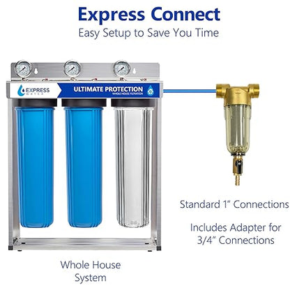 Express Water 3-Stage Whole House Water Filter System, Includes Pre-Filter, Free-Standing Stainless Steel Frame & 3 Pressure Gauges, Reduces Scale, Heavy Metals, PFAs, Lead, Arsenic & Chlorine