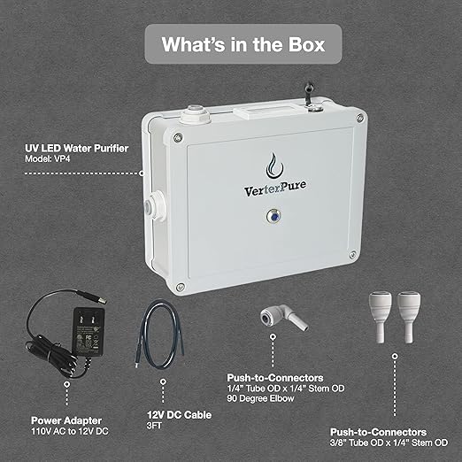 VP2 UV-C LED Ultraviolet Water Filter Purifier, Reduce up to 99.99% of Contaminants at Flow Rate 0.52GPM, Smart On/Off Switch, 12V DC for RV Boats Off-Grid Livings, Mercury Free