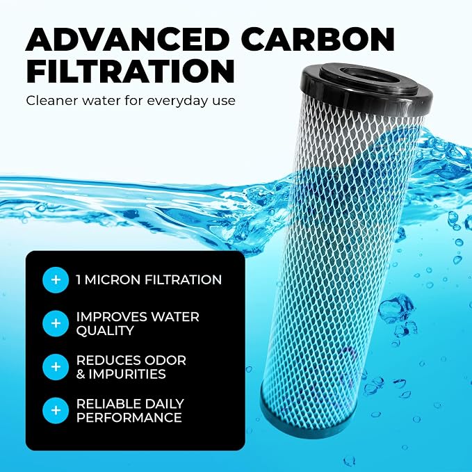 1 Micron 10" x 2.5" Activated Carbon Whole House Water Filter Replacement Charcoal Block Cartridge Set - Coconut Shell Carbon - Fits Whole Home/Under-Sink Systems, Reduces Chlorine & Odor - 4-Pack