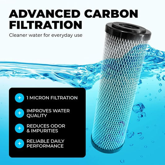 1 Micron 10" x 2.5" Activated Carbon Whole House Water Filter Replacement Charcoal Block Cartridge Set - Coconut Shell Carbon - Fits Whole Home/Under-Sink Systems, Reduces Chlorine & Odor - 4-Pack