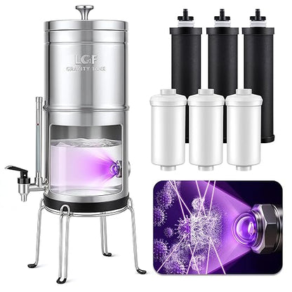 LCF 𝐒𝐢𝐥𝐯𝐞𝐫 𝐈𝐨𝐧𝐬 Enhanced UV-C Gravity Water Filter, Advanced Alternative to Berkey Water Filter System, NSF42 Standard, Reduces 99% Chlorine & Baçtёria, 6 Filters, Water Level Spigot, 3Gal