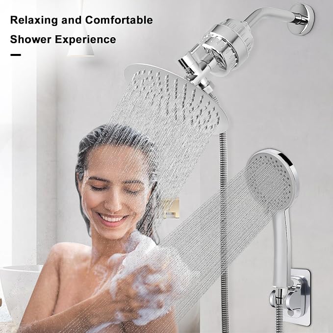NearMoon Filtered Shower Head, High Pressure 8″Round Rain Shower and 5 settings Handheld Shower Filter Combo with Self-adhesive Holder/1.5M Hose -1 Replaceable Filter Cartridge (Chrome Finish)