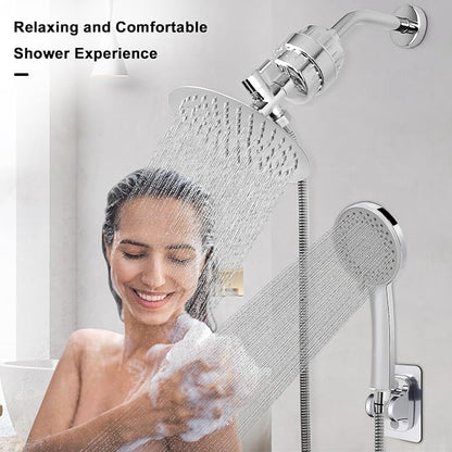 NearMoon Filtered Shower Head, High Pressure 8″Round Rain Shower and 5 settings Handheld Shower Filter Combo with Self-adhesive Holder/1.5M Hose -1 Replaceable Filter Cartridge (Chrome Finish)
