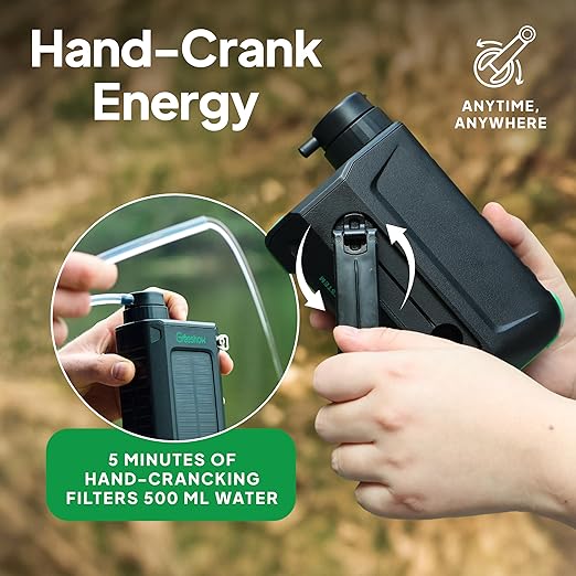 Greeshow Portable Electric Water Filter for Camping & Survival - 0.01 Micron Water Purification System with Solar, Hand Crank, USB-C Charge - Power Bank & LED Light for Backpacking Gear, Emergency Kit