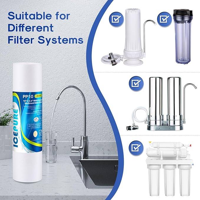 ICEPURE 10"X2.5" 5 Microns Whole House Sediment RO System Water Filter Replacement for Any 10 inch RO Unit,Dupont WFPFC5002, Aqua Pure AP110, Culligan P5,GE FXUSC, Whirpool WHKF-GD05,PP10-05,3PACK