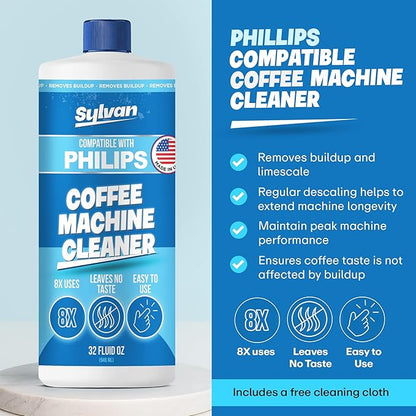 Descaling Solution Compatible with Philips Saeco | Free Cleaning Cloth | 12 Month Supply | Made in the USA | Descaler for Philips Machines | 32 Oz | Coffee Machine Cleaner and Decalcifier