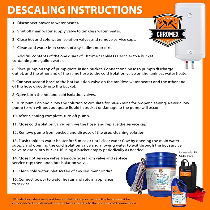 Chromex Tankless Water Heater Flush Kit, Extra Long 12 Ft Hoses with Certified Liquid Descaling Solution and 1/6HP Extra Strength Pump