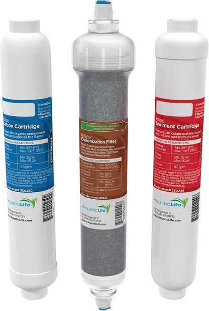 Aquatic Life RO Buddie Aquarium Filter Replacement Cartridge Set – 3 Pack (Sediment, Carbon, Color-Changing DI Resin) – Inline Cartridges for Clear, Safe Aquarium Water