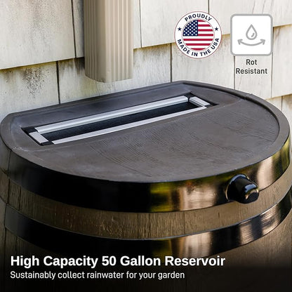 RTS Home Accents 50-Gallon Rain Barrel with Link Kit, Flat Back Rain Water Collection Barrel, Link Kit Included, Woodgrain with Black Stripes (2 Pack)