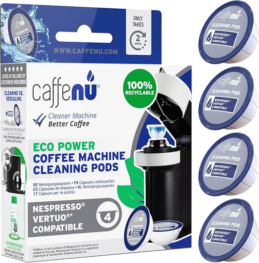 Nespresso Compatible Descaling and Cleaning Kit. 2 Bottles of Nespresso Vertuo Descaler Solution. 4 Cleaning Pods