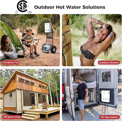 CAMPLUX 5L Portable Tankless Water Heater, 1.32 GPM Outdoor Propane Shower for Camping, RV, Off-Grid, Instant Hot Water with Folding Handle, Overheat Protection, Low Pressure Startup, AY132, White