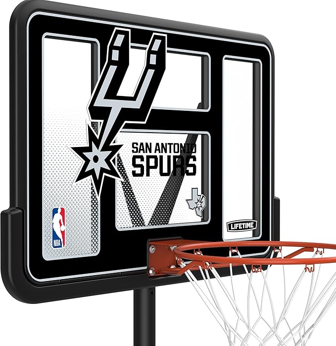Lifetime NBA San Antonio Spurs Portable Basketball Hoop, Adjustable Height 7.5-10 Ft, 44 Inch Shatterproof Fusion Backboard, Base with Wheels