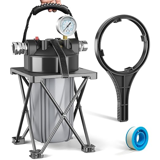 6-Layer RV Water Filter with Stand and 0.5 Micron Filtration, 3/4" GHT Metal Threads Garden Hose Water Filter, Reduces Sediments, Chlorine, VOCs, Heavy Metals, Bad Taste, Odor, and More