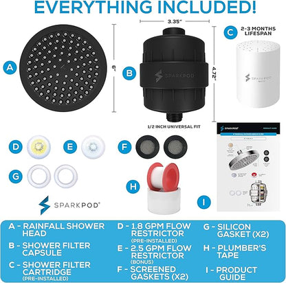 SparkPod Luxury Filtered Shower Head Set 23 Stage Shower Filter - Reduces Chlorine and Heavy Metals - High Pressure Showerhead Filter (6" Round, Midnight Black Matte)