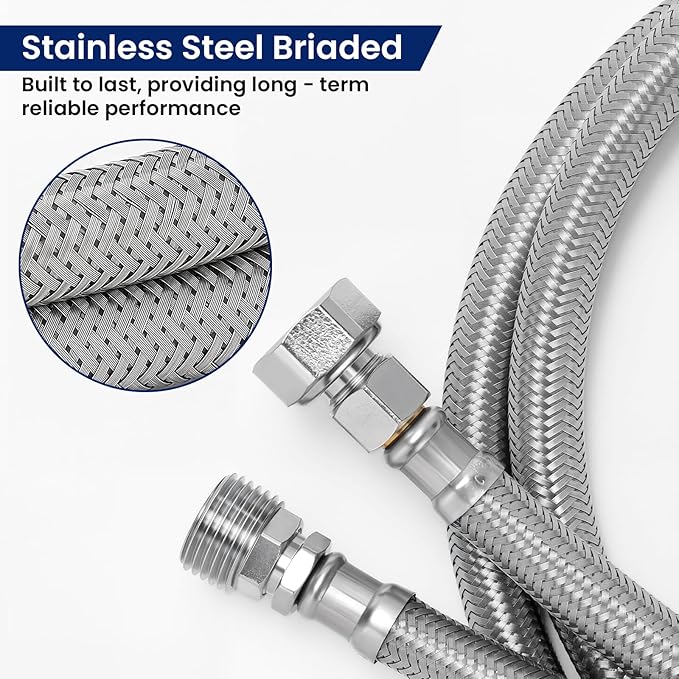 Solimeta Push-To-Connect Stainless Steel Hose Kit for Under Sink Water Filter, 3/8" Male/Female with 1/2" Adapters, 2.5FT