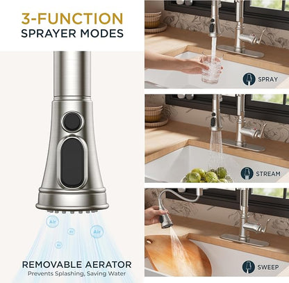 FORIOUS Kitchen Faucet with Pull Down Sprayer, Stainless Steel Single Handle Spring Antique Kitchen Sink Faucet with Deck Plate, Sutiable for Farmhouse, RV, Camper, Wet Bar, Brushed Nickel