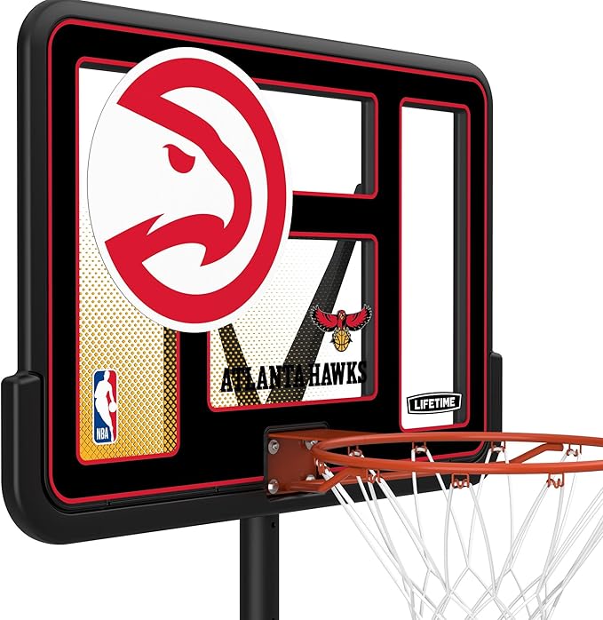 Lifetime NBA Atlanta Hawks Portable Basketball Hoop, Adjustable Height 7.5-10 Ft, 44 Inch Shatterproof Fusion Backboard, Base with Wheels