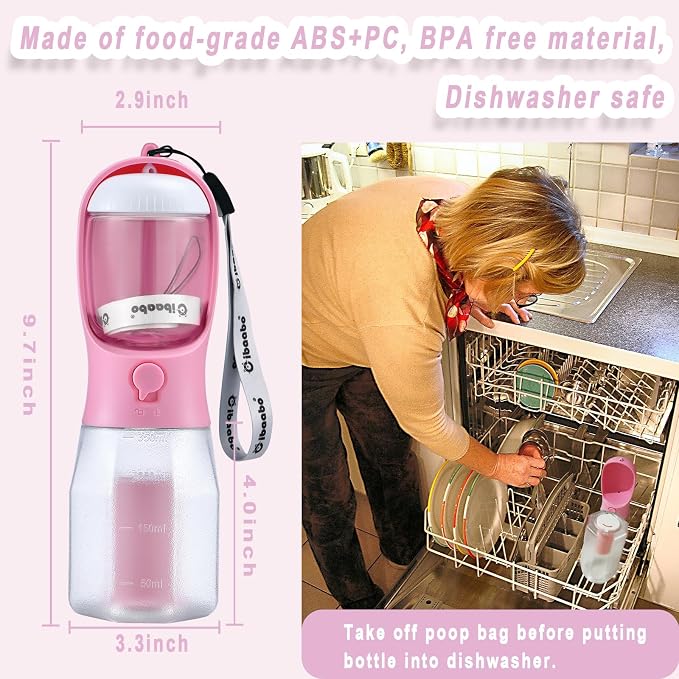 Cibaabo Dog Water Bottle with Food Container & Poop Bag Holder & Filter | Travel Water Bowl, Portable Pet Dispenser, Dog Gifts, Puppy Essentials for Walking Hiking