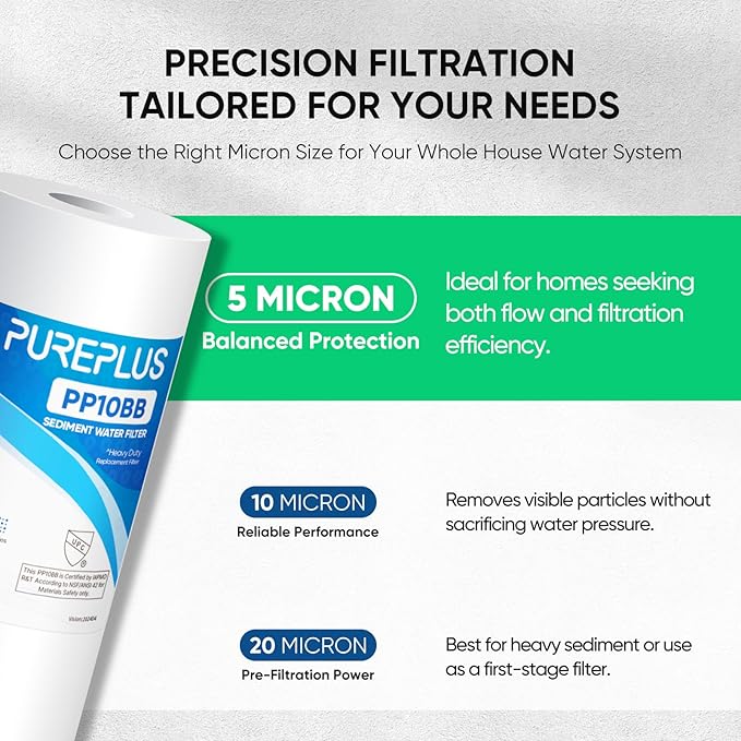PUREPLUS 5 Micron 10" x 4.5" Whole House Sediment Home Water Filter Replacement Cartridge for DGD-5005, RFC-BBSA, HD-950, WFHD13001B, W15-PR, GXWH30C, GXWH35F, Aqua-Pure AP817, PP10BB, 2PACK