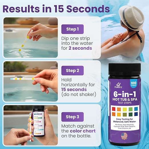 Hot Tub & Spa Test Strips 6-in-1 (100-Pack) - Accurately Monitors pH, Free/Total Chlorine, Alkalinity, Hardness, and Cyanuric Acid - Perfect for Chlorine-Based Spas and Jacuzzis (Not for Bromine)