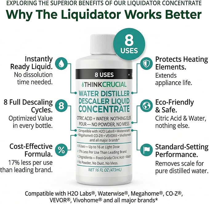 Think Crucial Water Distiller Descaler Liquid — Compatible with H2O Labs, Megahome, Waterwise, VEVOR, Durastill — 16 fl oz
