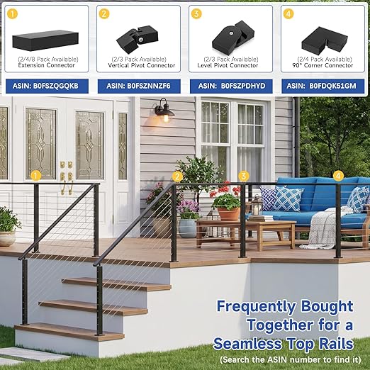 4Pack 8FT T304 Stainless Steel Handrails Black with Extension Connectors End Cap Kits for Cable Railing System Posts Kit, Cuttable Rectangular Handrails Flat Top Rail - 2.36" W x 1.18" H