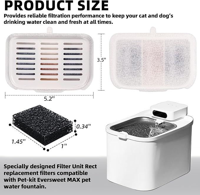 15-Pack Filter Unit Rect Set for PET-KIT Fits EVERSWEET MAX Cordless Water Fountain Filter Replacement for 105 fl oz/3L Automatic Cat Fountain, Replacement Filters & Foam Pump Filters