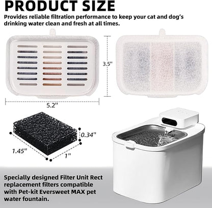 15-Pack Filter Unit Rect Set for PET-KIT Fits EVERSWEET MAX Cordless Water Fountain Filter Replacement for 105 fl oz/3L Automatic Cat Fountain, Replacement Filters & Foam Pump Filters