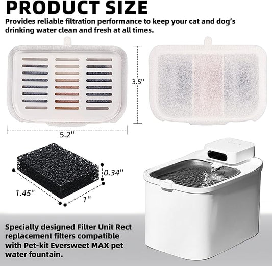 15-Pack Filter Unit Rect Set for PET-KIT Fits EVERSWEET MAX Cordless Water Fountain Filter Replacement for 105 fl oz/3L Automatic Cat Fountain, Replacement Filters & Foam Pump Filters
