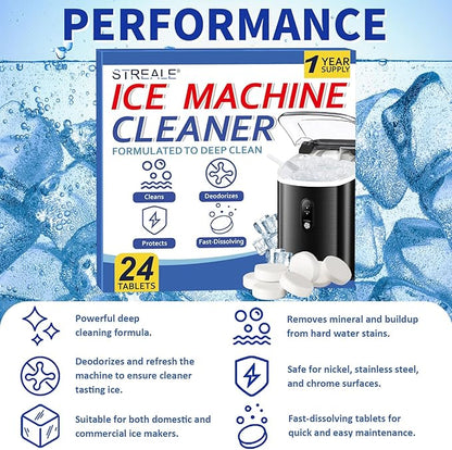 Ice Machine Cleaner Maker and Descaler - 24 Ice Maker Cleaner Tablets Compatible with All Major Brands, Nickel Safe Descaler Countertop Portable Commercial Icemaker Cleaning Solution