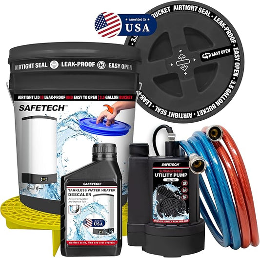 Safetech Tankless Water Heater Flushing Kit with Screw-Top Lid, Premium Braided Hoses, 1/6 HP Utility Pump, Quart Descaler, and Pump Grate