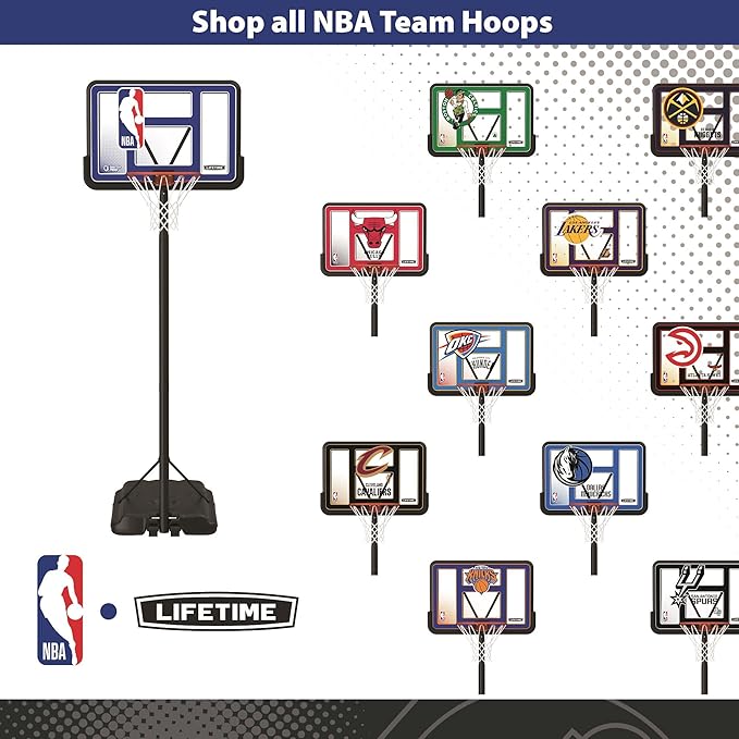 Lifetime NBA League Edition Portable Basketball Hoop, Adjustable Height 7.5-10 Ft, 44 Inch Shatterproof Fusion Backboard, Base with Wheels