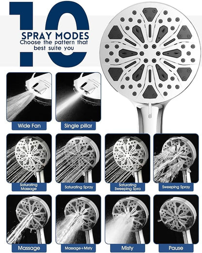Filtered Shower Head with Handheld and Hose, 10 Spray Modes High Pressure Showerhead for Hard Water, Water Saving Removable Filter with Beads, Chrome Finish, WaterSense & CUPC Certified