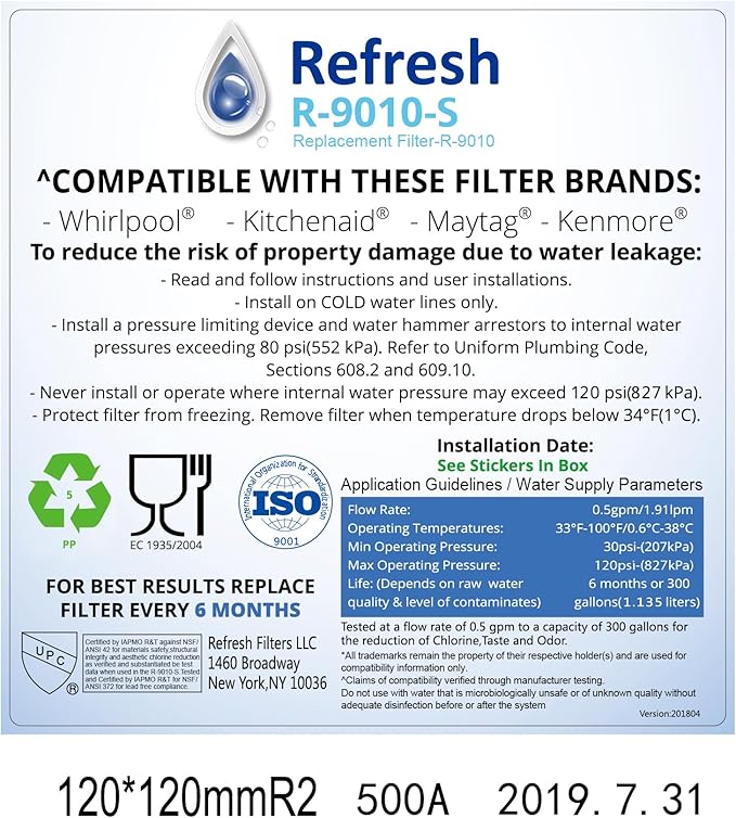 Refresh R-9010 Refrigerator Water Filter, Compatible with Kenmore 46-9010, 469010, 9010, 46-9085, AquacrestAQF-4396508, Aquafresh WF285 and IcePure RFC05000A (1)